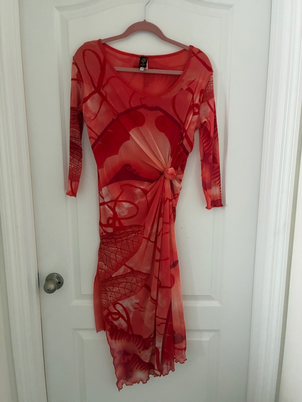 Jean Paul Gaultier Red Patterned Long-Sleeve Knot Dress